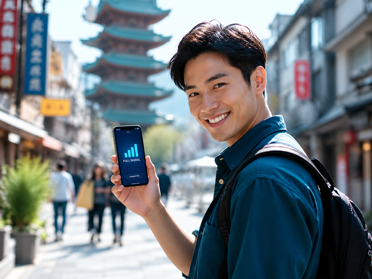 Smiling traveler holding a phone on a street in Japan